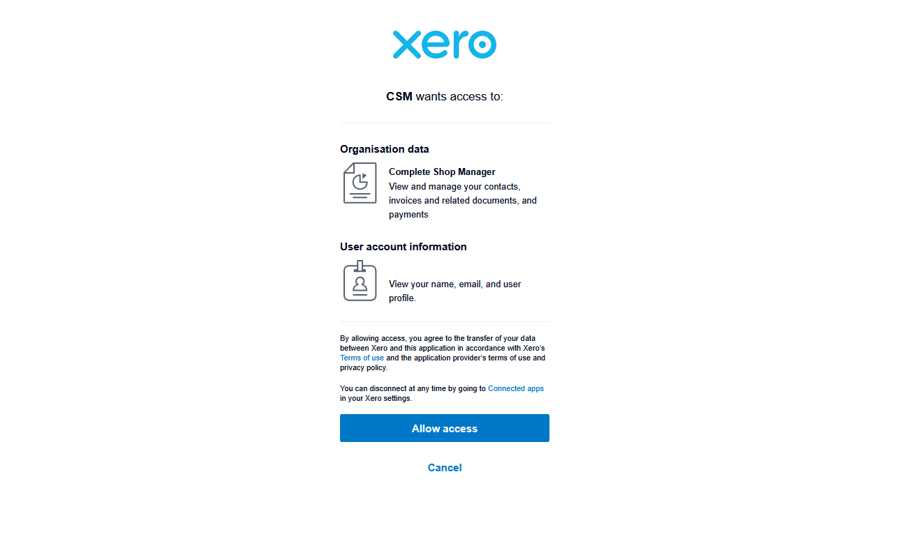 CSM Xero connection form