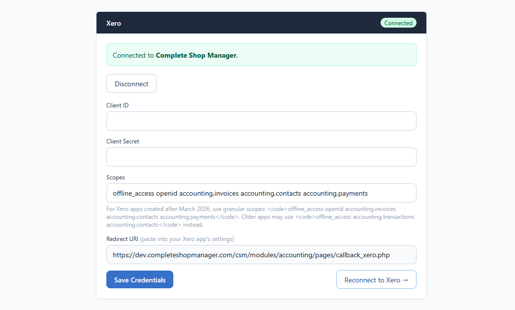 CSM Xero connection form