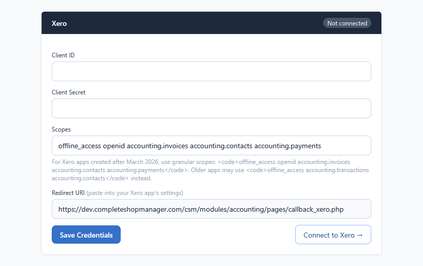 CSM Integrations → Xero panel showing the redirect URL